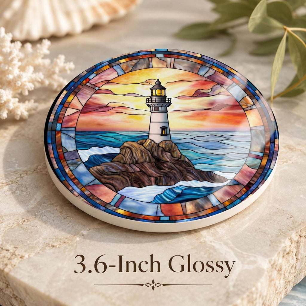 Lighthouse Coaster, Ceramic Ocean Wave Decor in 3.6–4.25 Inch Glossy or Matte