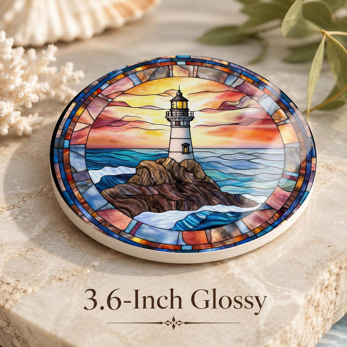 Lighthouse Coaster, Ceramic Ocean Wave Decor in 3.6–4.25 Inch Glossy or Matte