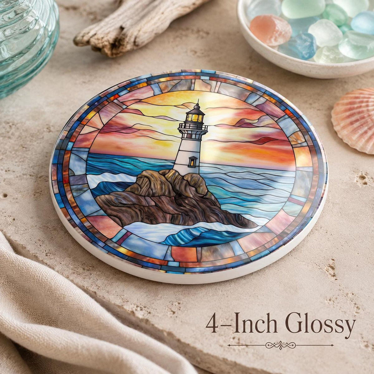Lighthouse Coaster, Ceramic Ocean Wave Decor in 3.6–4.25 Inch Glossy or Matte