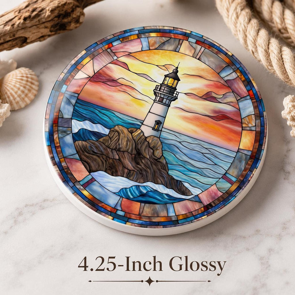 Lighthouse Coaster, Ceramic Ocean Wave Decor in 3.6–4.25 Inch Glossy or Matte