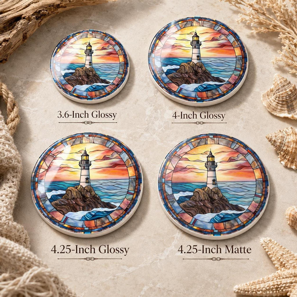 Lighthouse Coaster, Ceramic Ocean Wave Decor in 3.6–4.25 Inch Glossy or Matte