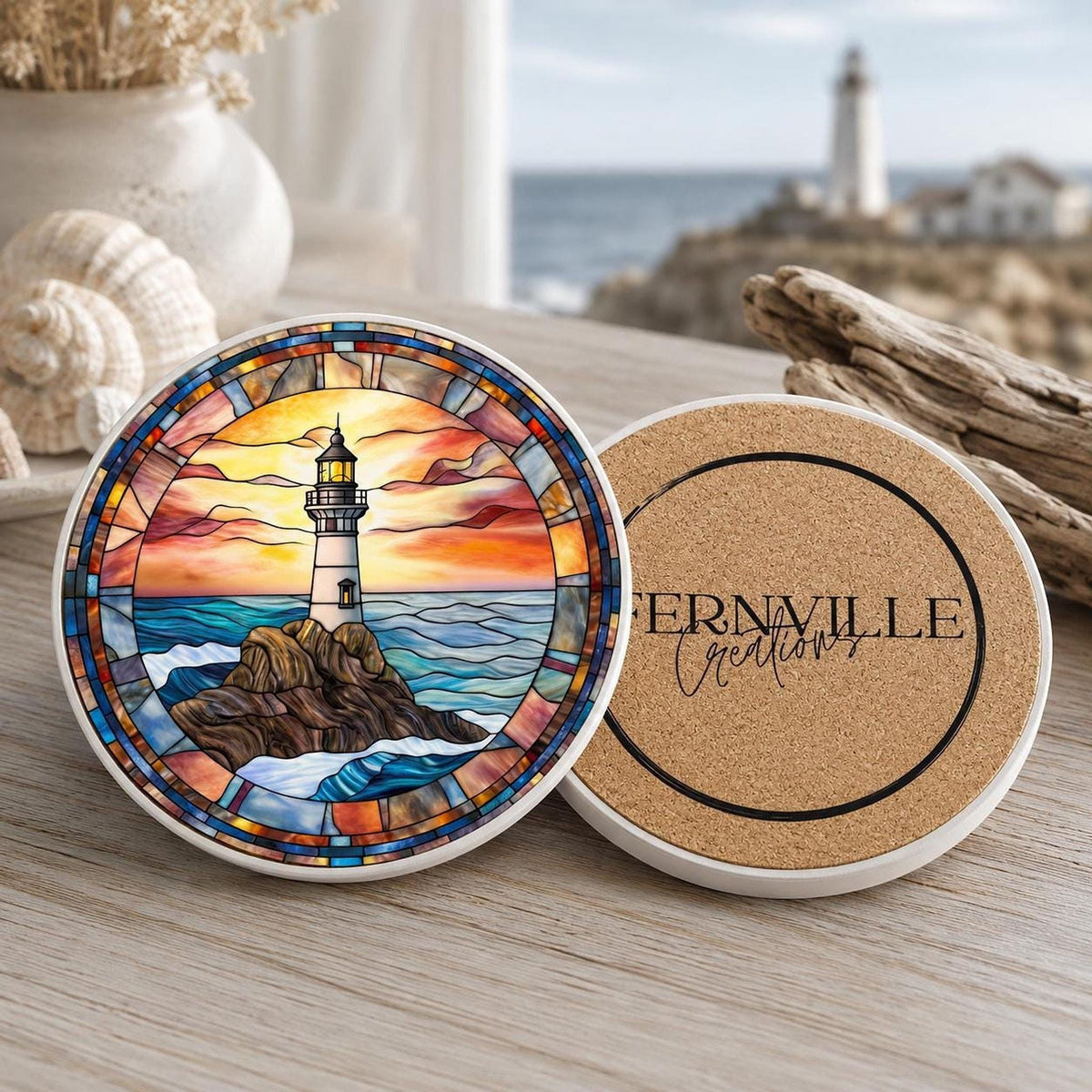 Lighthouse Coaster, Ceramic Ocean Wave Decor in 3.6–4.25 Inch Glossy or Matte
