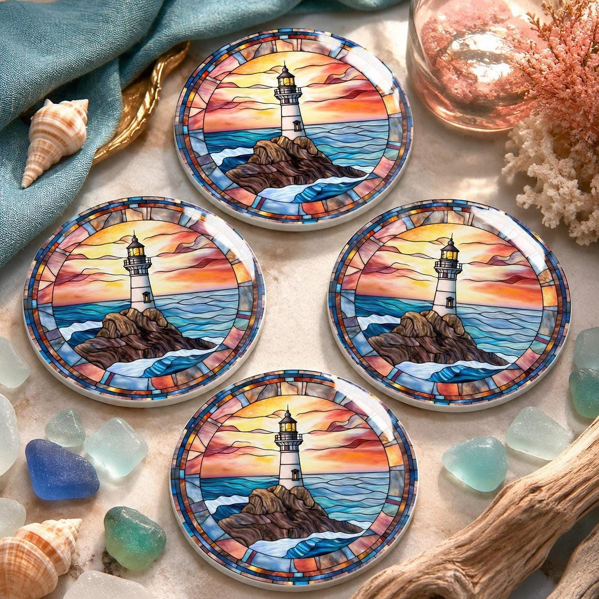 Lighthouse Coaster, Ceramic Ocean Wave Decor in 3.6–4.25 Inch Glossy or Matte