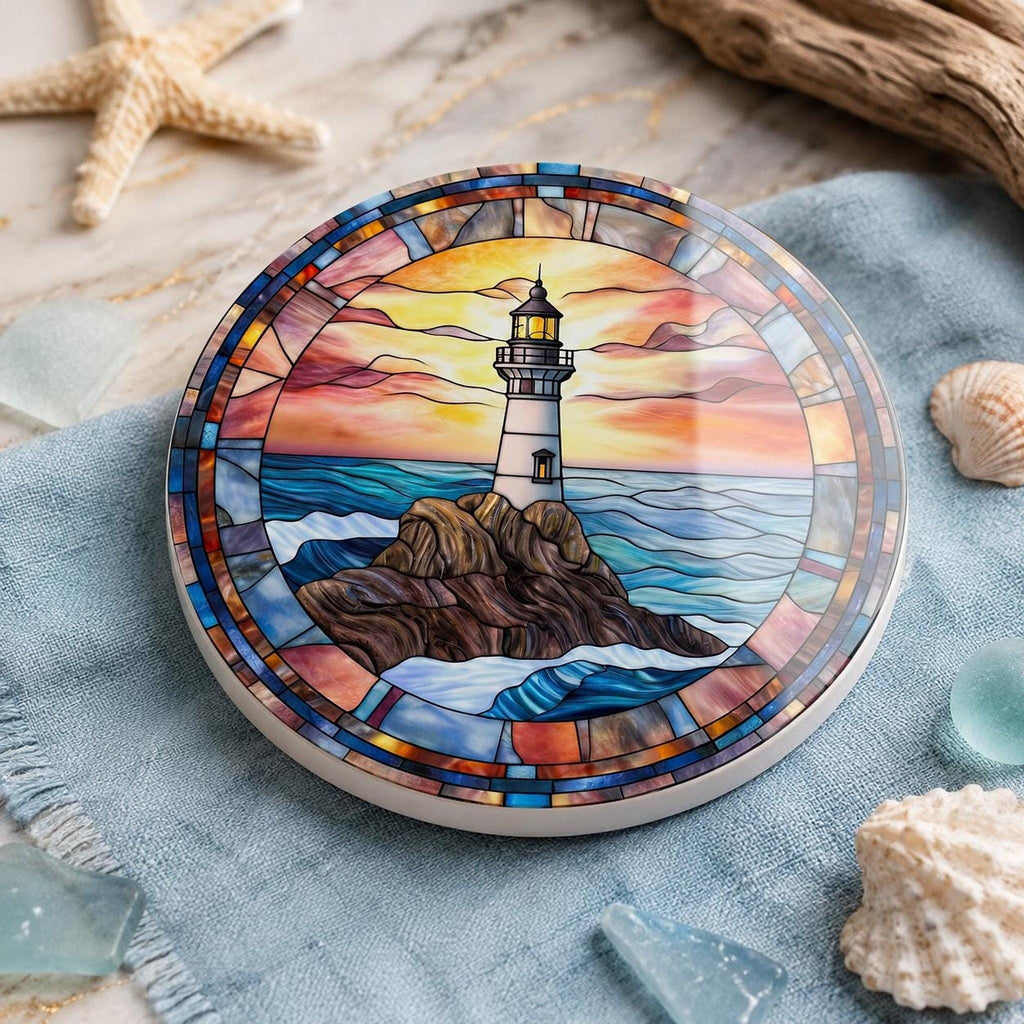 Lighthouse Coaster, Ceramic Ocean Wave Decor in 3.6–4.25 Inch Glossy or Matte