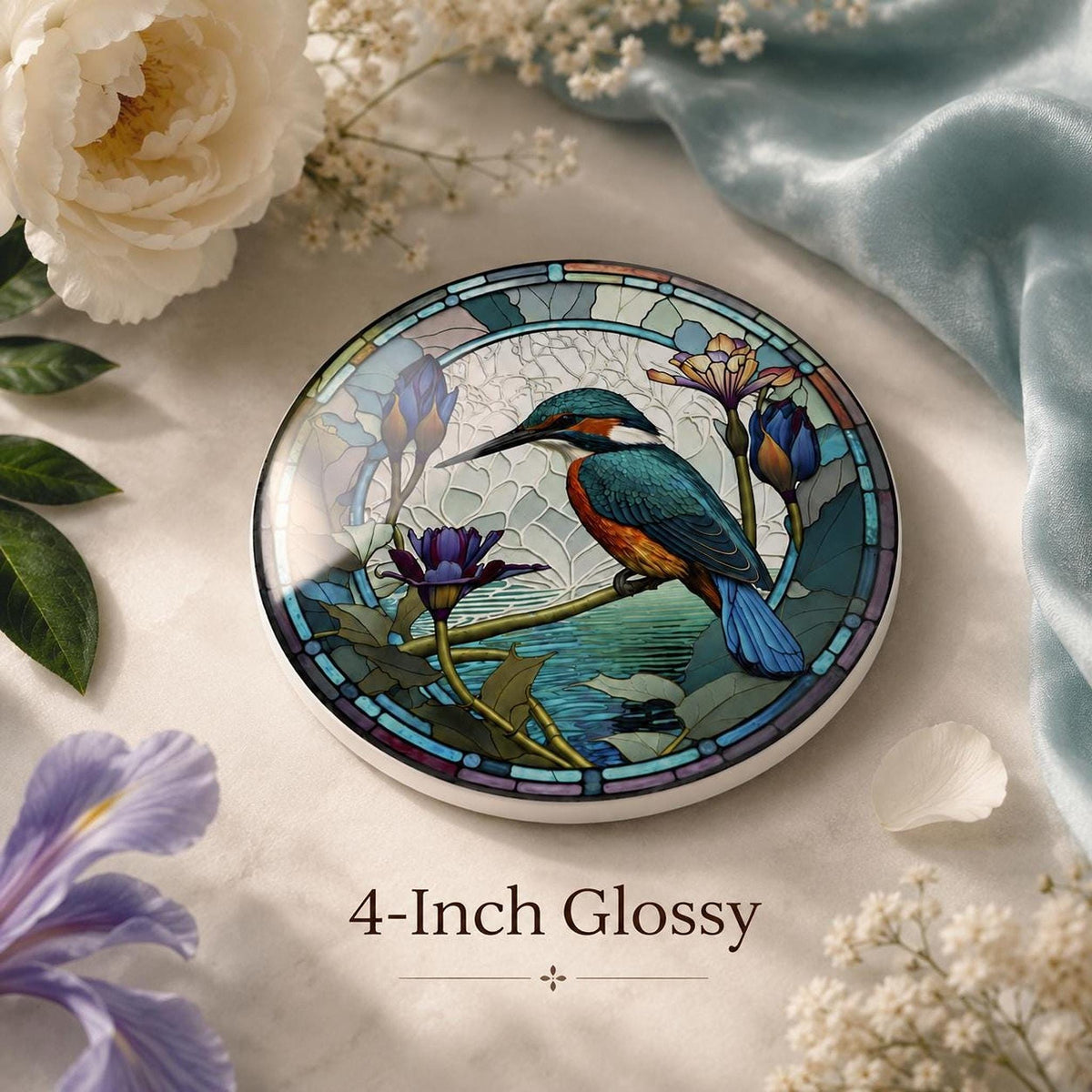 Kingfisher Coaster, Ceramic Design in 3.6–4.25 Inch Sizes, Glossy Or Matte Finish