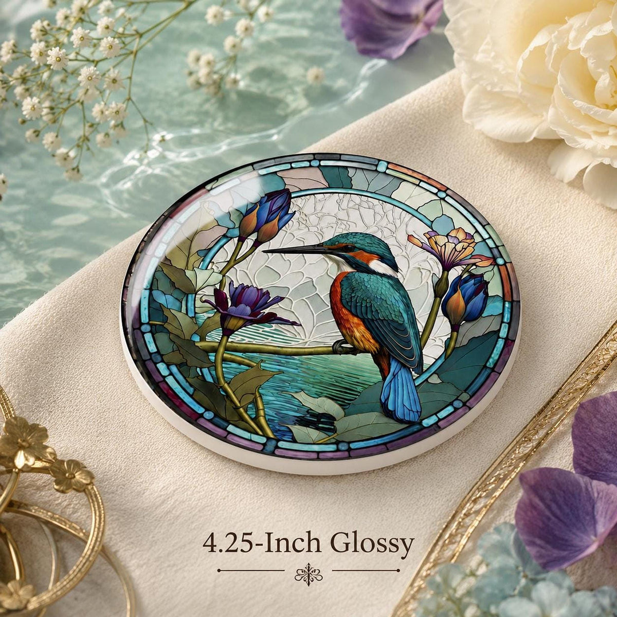 Kingfisher Coaster, Ceramic Design in 3.6–4.25 Inch Sizes, Glossy Or Matte Finish