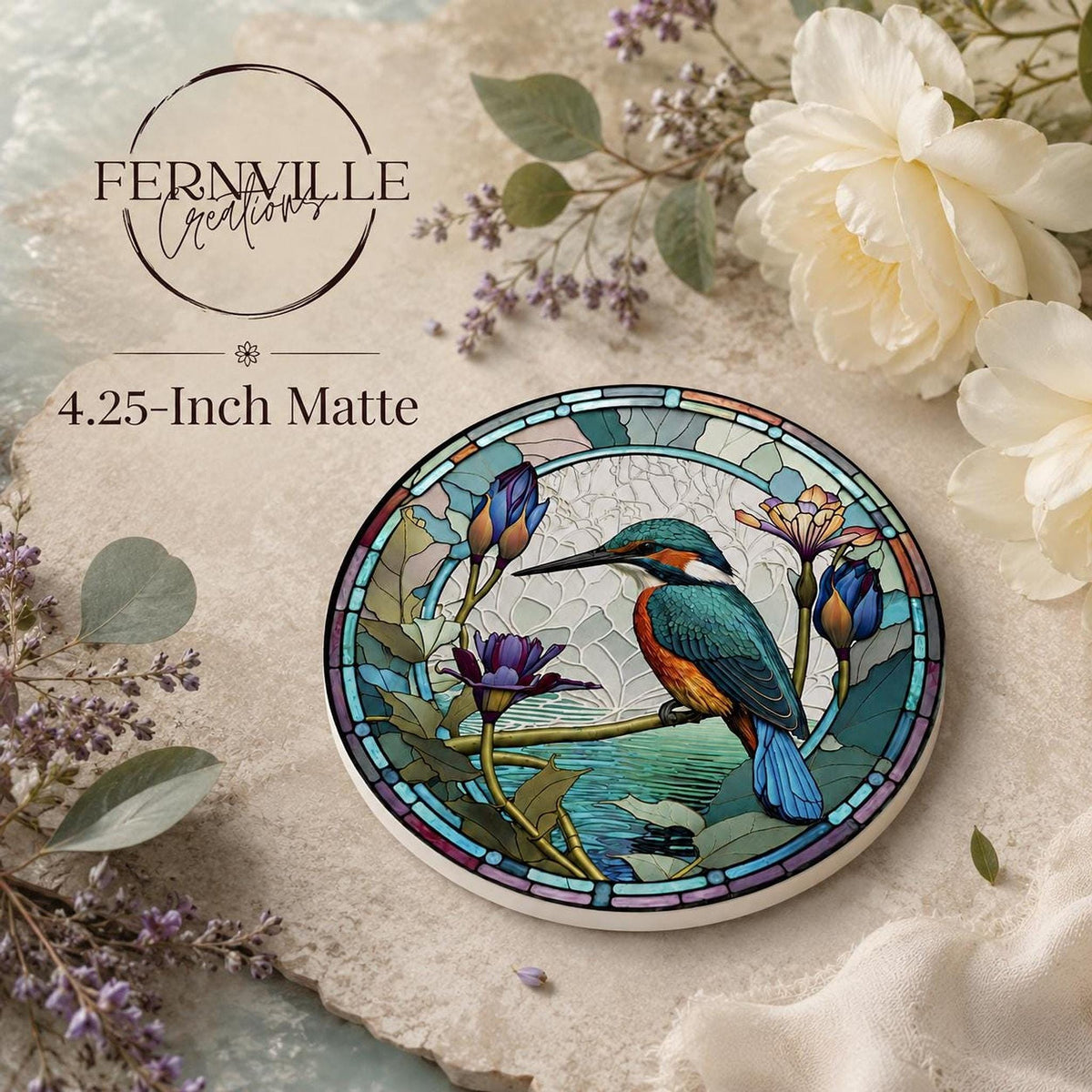 Kingfisher Coaster, Ceramic Design in 3.6–4.25 Inch Sizes, Glossy Or Matte Finish