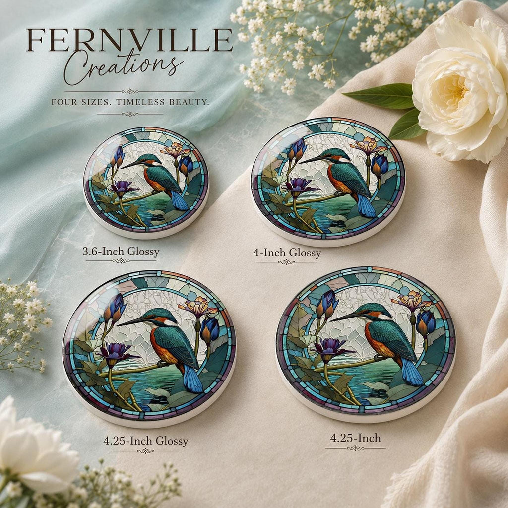 Kingfisher Coaster, Ceramic Design in 3.6–4.25 Inch Sizes, Glossy Or Matte Finish