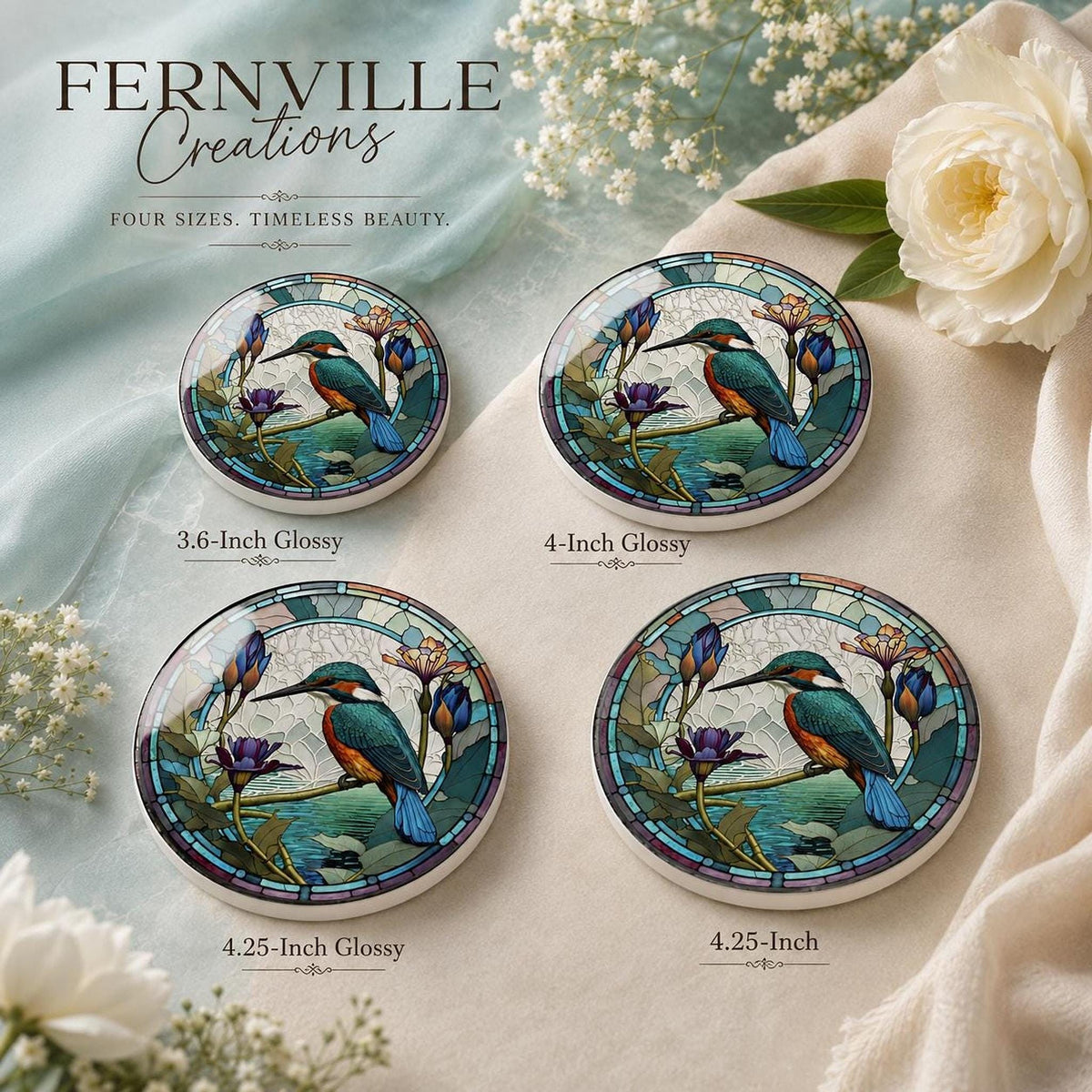 Kingfisher Coaster, Ceramic Design in 3.6–4.25 Inch Sizes, Glossy Or Matte Finish