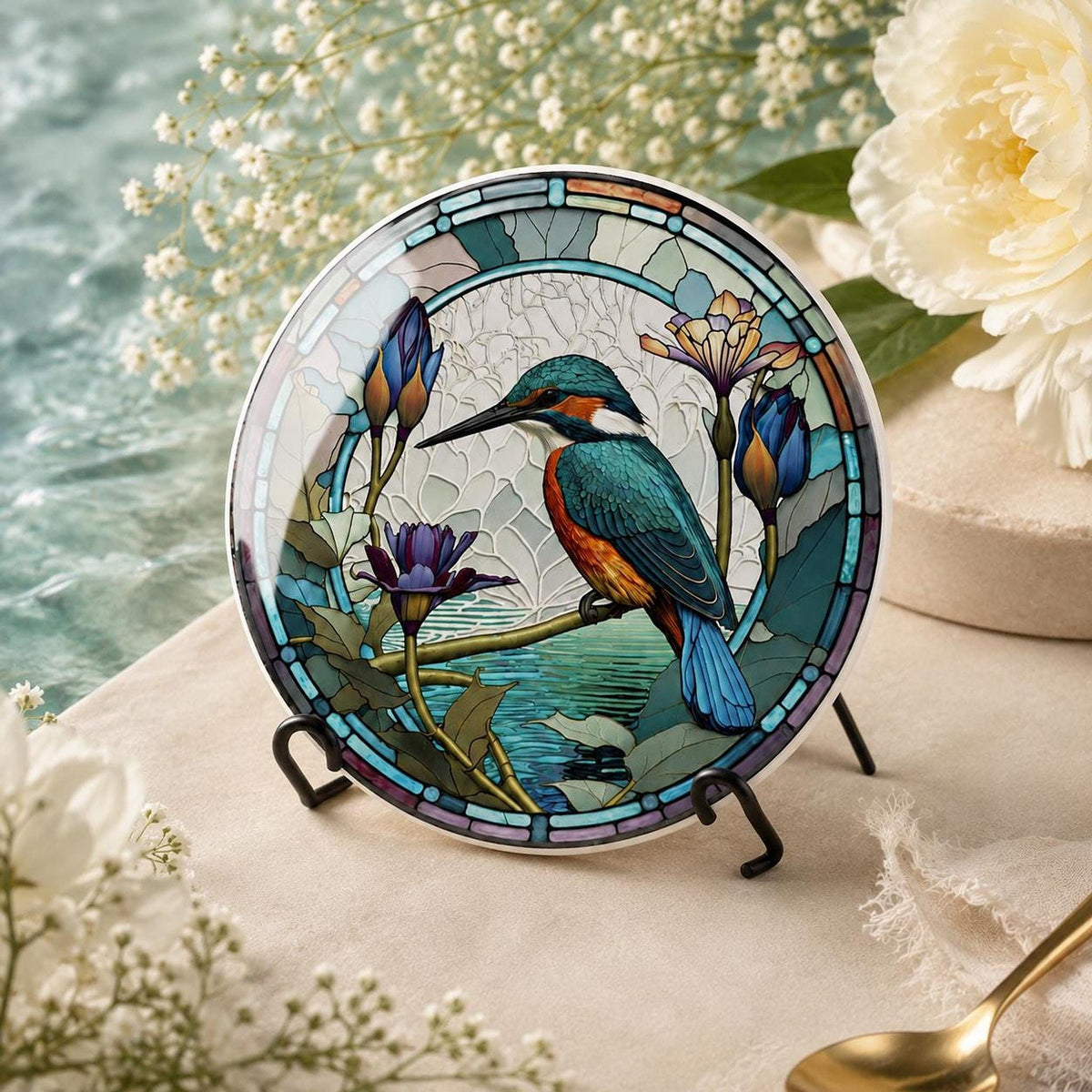 Kingfisher Coaster, Ceramic Design in 3.6–4.25 Inch Sizes, Glossy Or Matte Finish