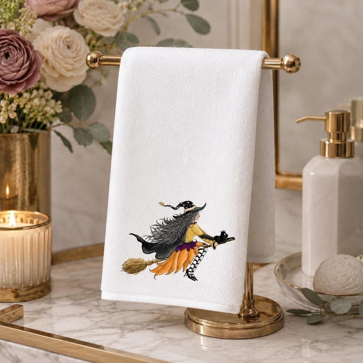 Hand Towel, White Sheared Polyester Halloween Witch Design, Cotton Terrycloth Back