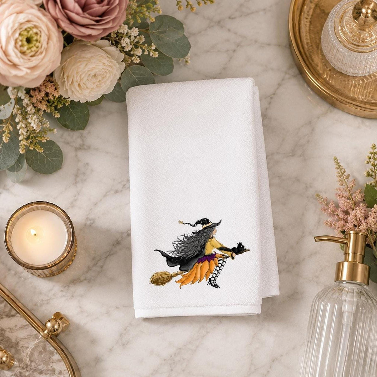 Hand Towel, White Sheared Polyester Halloween Witch Design, Cotton Terrycloth Back