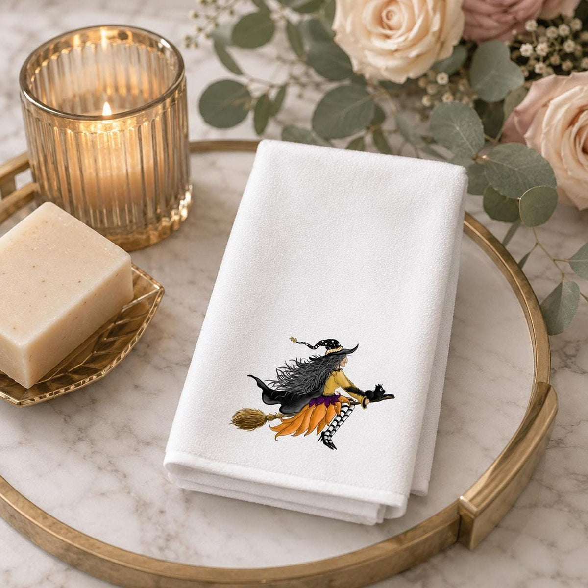Hand Towel, White Sheared Polyester Halloween Witch Design, Cotton Terrycloth Back
