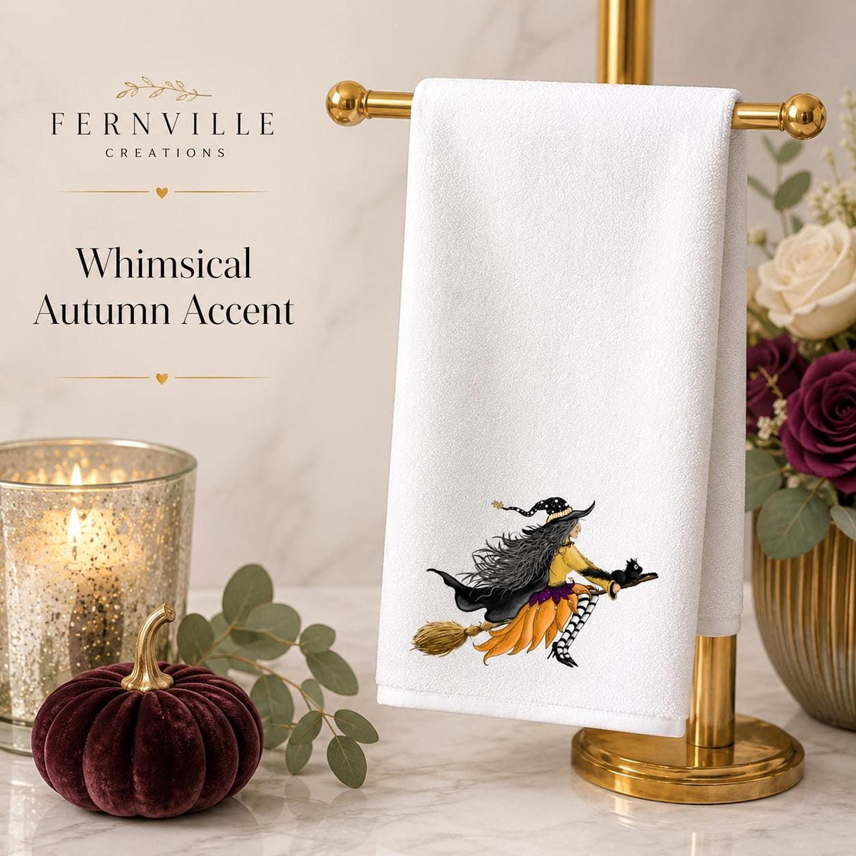 Hand Towel, White Sheared Polyester Halloween Witch Design, Cotton Terrycloth Back