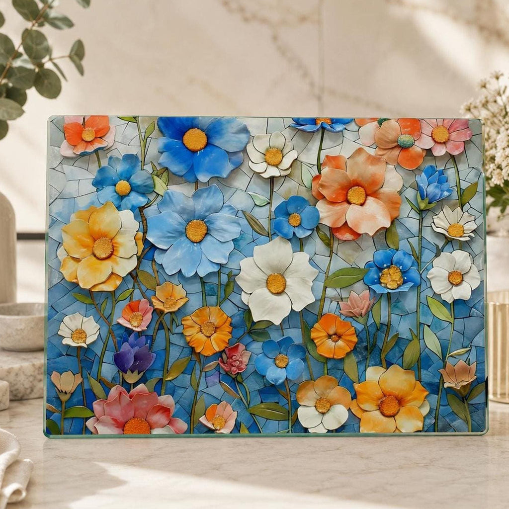 Glass Cutting Board, Colorful Floral Mosaic, Tempered Charcuterie Tray