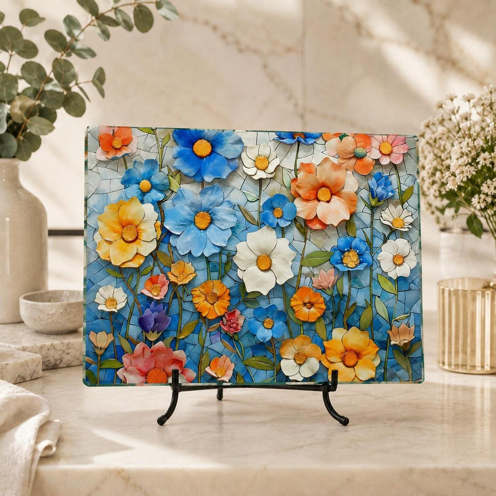 Glass Cutting Board, Colorful Floral Mosaic, Tempered Charcuterie Tray