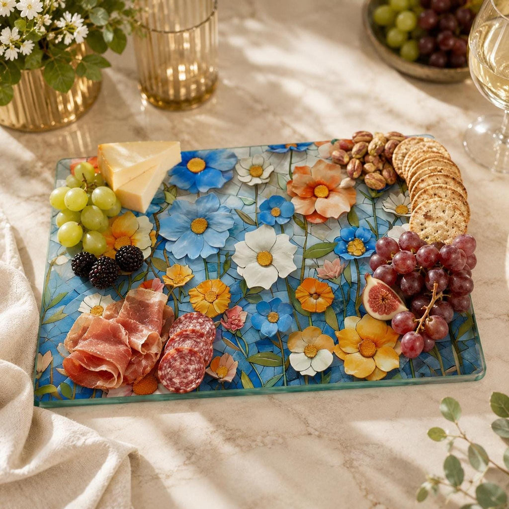 Glass Cutting Board, Colorful Floral Mosaic, Tempered Charcuterie Tray