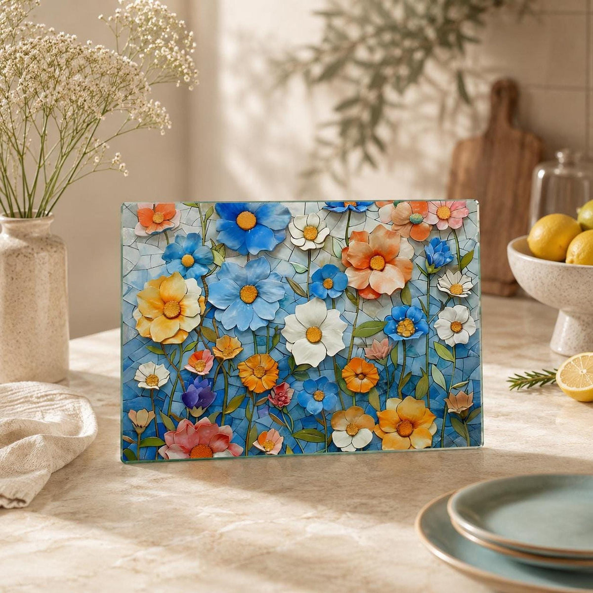 Glass Cutting Board, Colorful Floral Mosaic, Tempered Charcuterie Tray