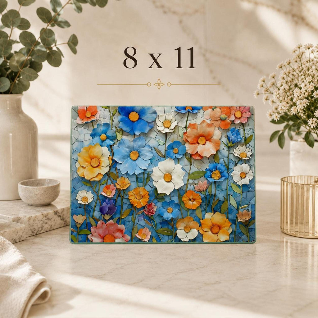 Glass Cutting Board, Colorful Floral Mosaic, Tempered Charcuterie Tray