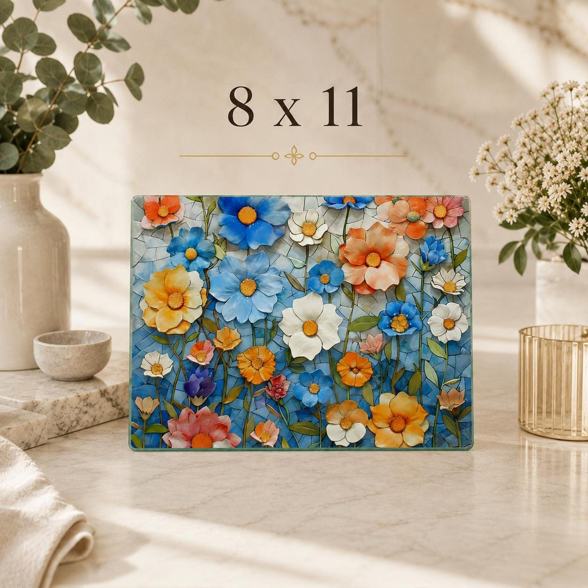 Glass Cutting Board, Colorful Floral Mosaic, Tempered Charcuterie Tray