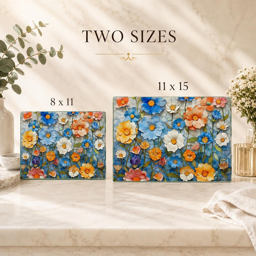 Glass Cutting Board, Colorful Floral Mosaic, Tempered Charcuterie Tray