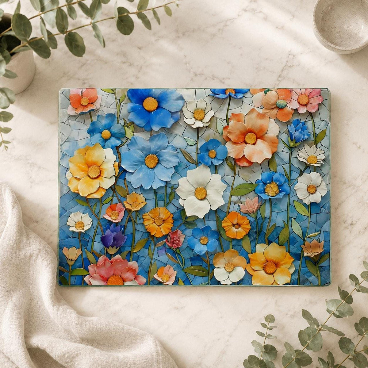 Glass Cutting Board, Colorful Floral Mosaic, Tempered Charcuterie Tray