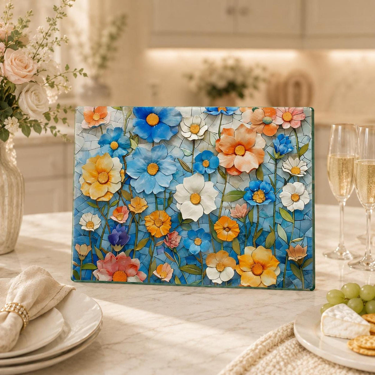 Glass Cutting Board, Colorful Floral Mosaic, Tempered Charcuterie Tray