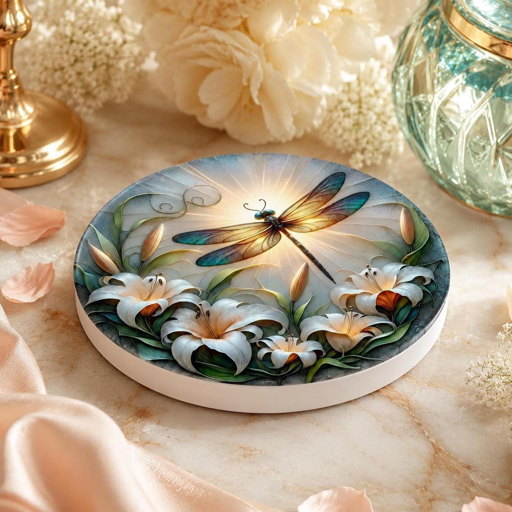 Dragonfly Ceramic Coaster, Lily Flower Decor, Botanical Nature Accent, Garden Lover Gift