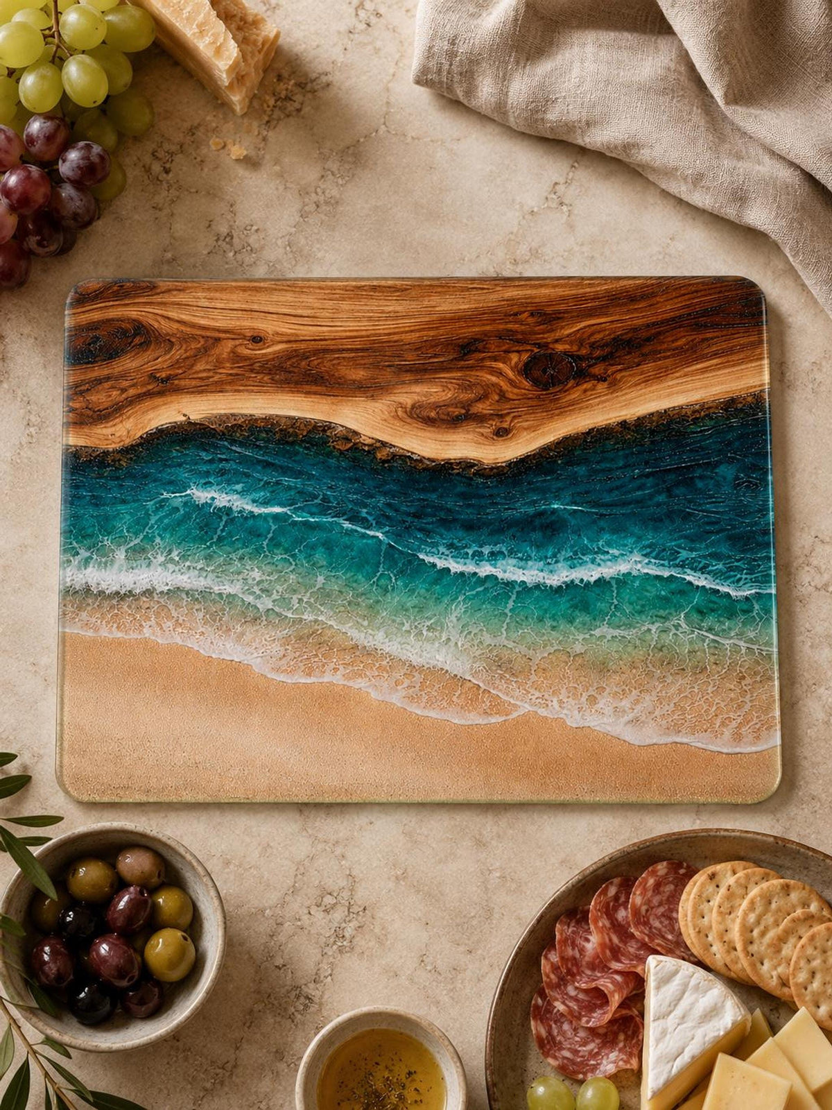 Ocean Charcuterie Cutting Board, Two Sizes, Textured Tempered Glass