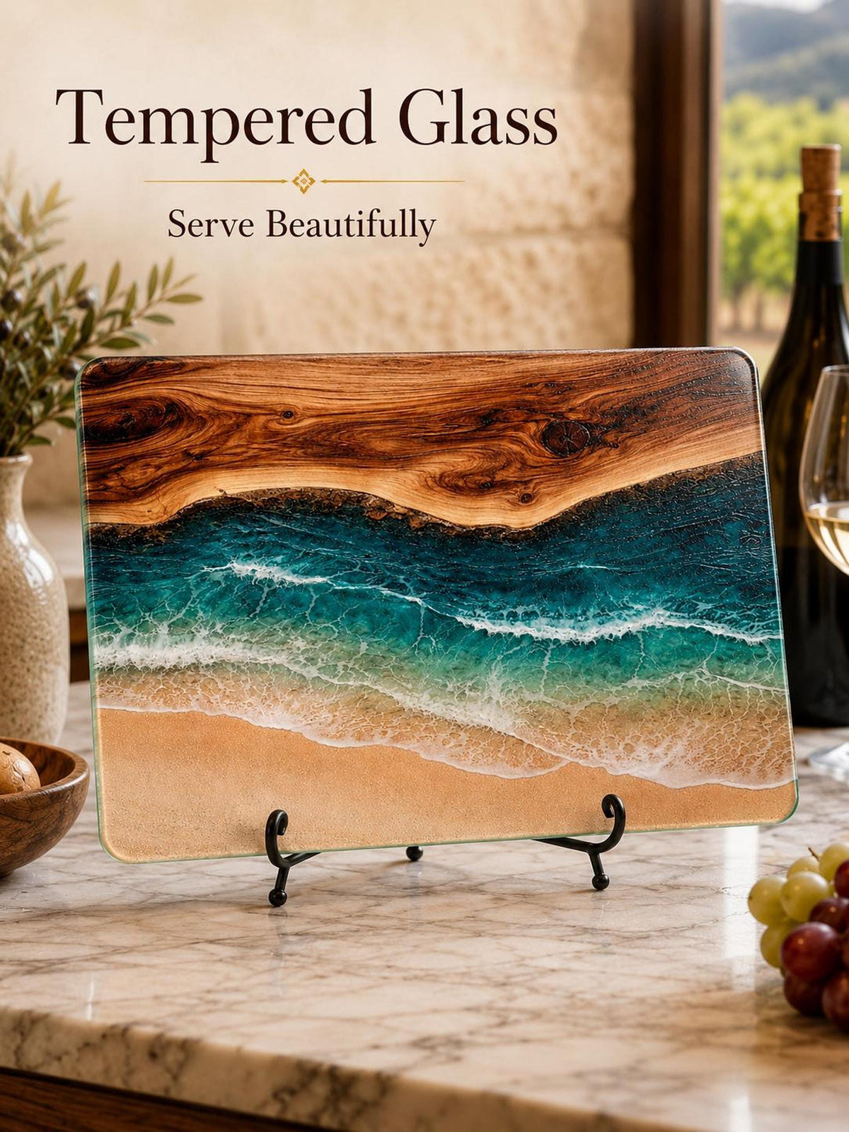 Ocean Charcuterie Cutting Board, Two Sizes, Textured Tempered Glass
