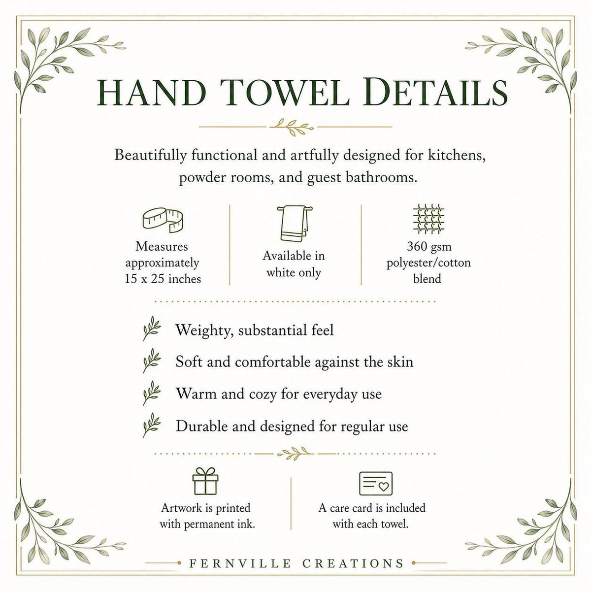Fern Hand Towel, Watercolor Botanical Decor, 15 × 25 Inch Cotton Terry Back