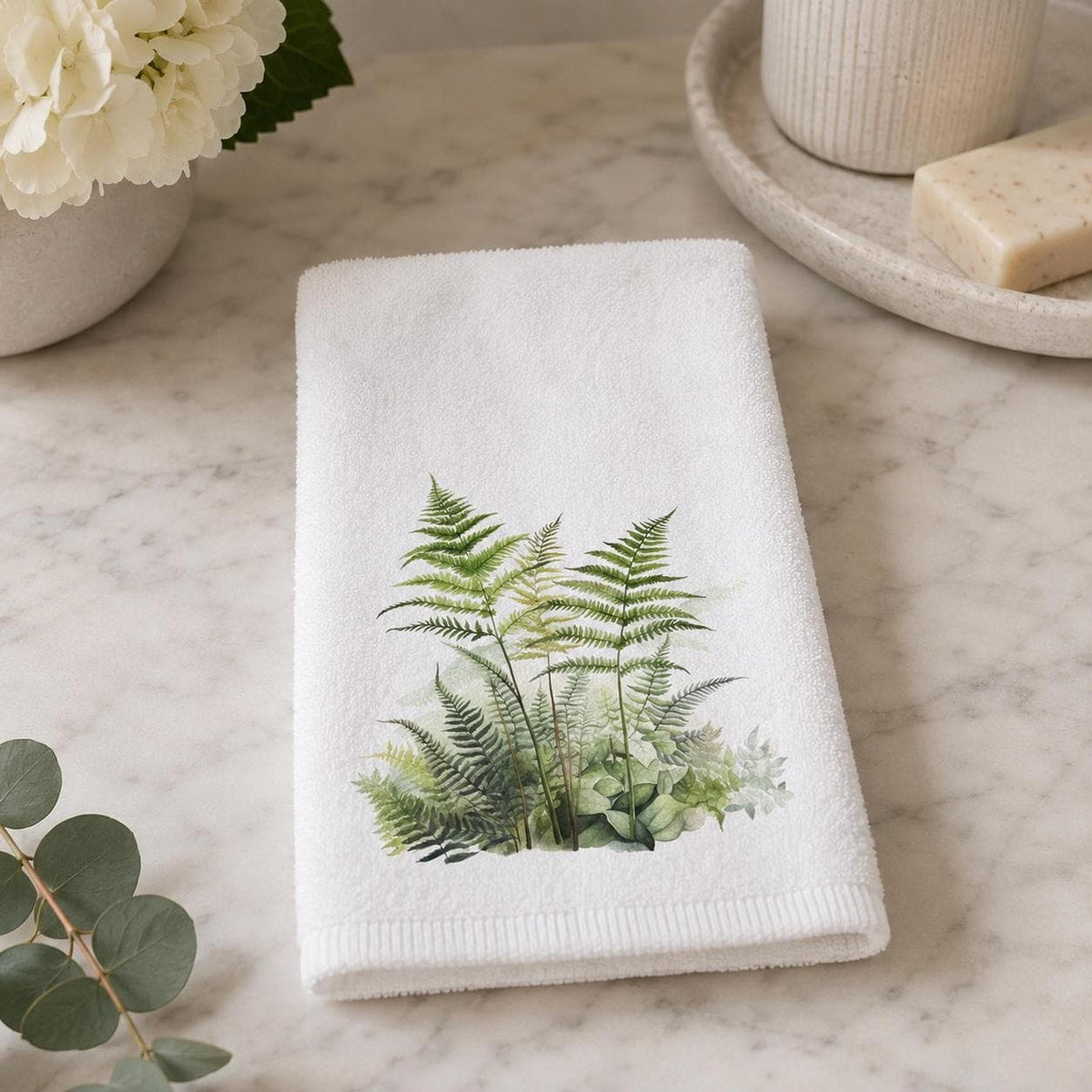 Fern Hand Towel, Watercolor Botanical Decor, 15 × 25 Inch Cotton Terry Back