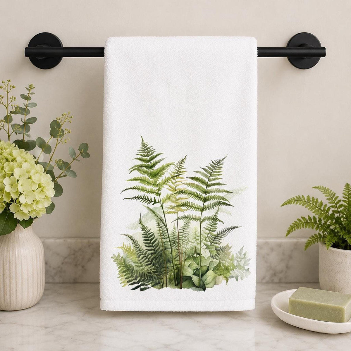Fern Hand Towel, Watercolor Botanical Decor, 15 × 25 Inch Cotton Terry Back