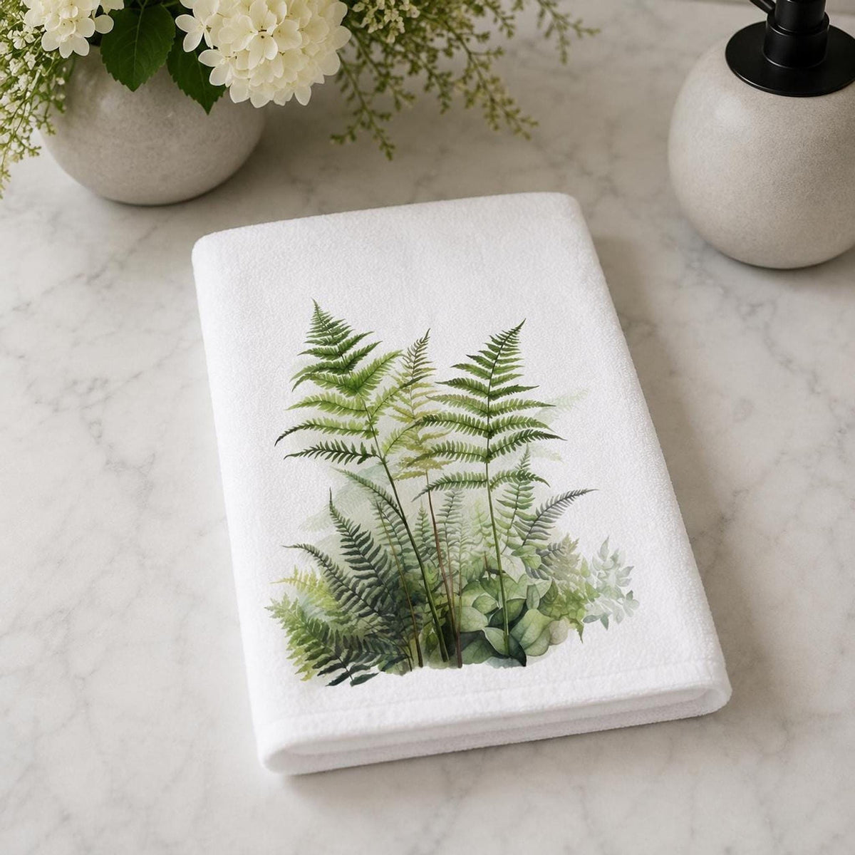 Fern Hand Towel, Watercolor Botanical Decor, 15 × 25 Inch Cotton Terry Back