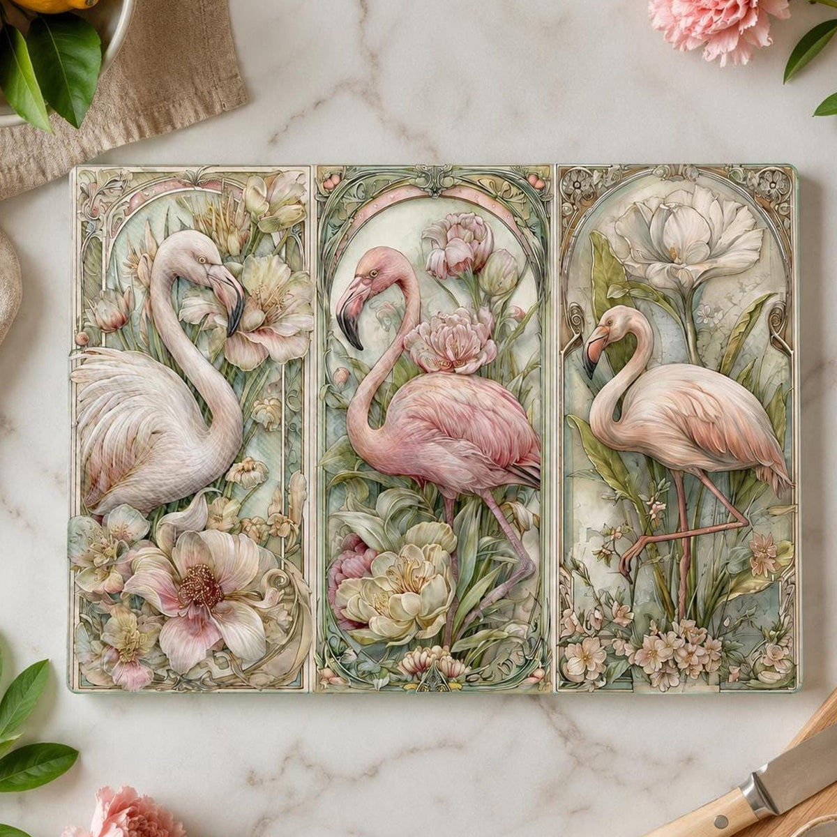 Glass Cutting Board, Tempered Pink Flamingo Botanical Design