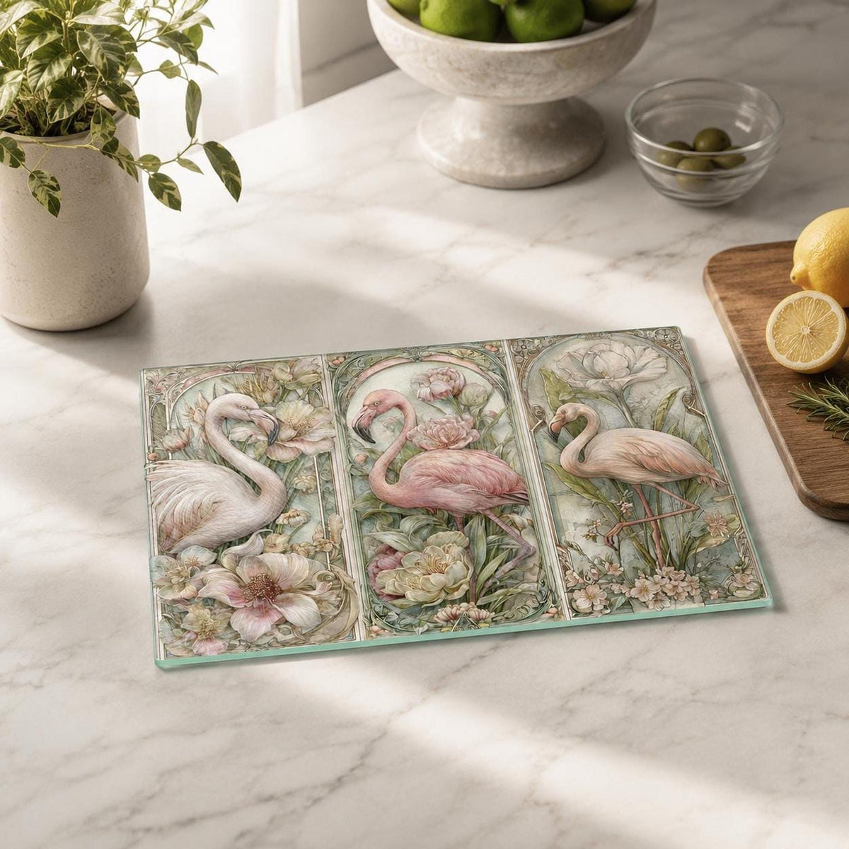 Glass Cutting Board, Tempered Pink Flamingo Botanical Design