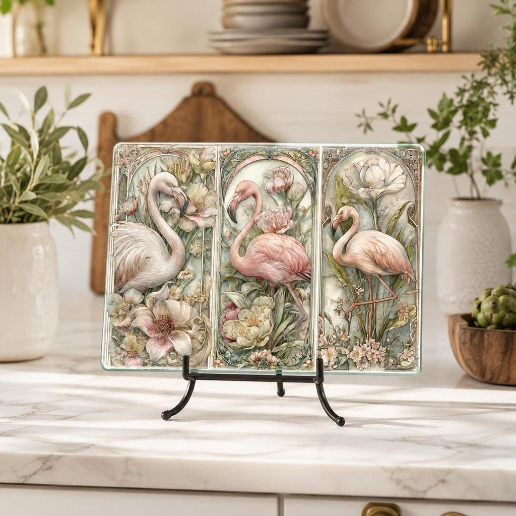 Glass Cutting Board, Tempered Pink Flamingo Botanical Design