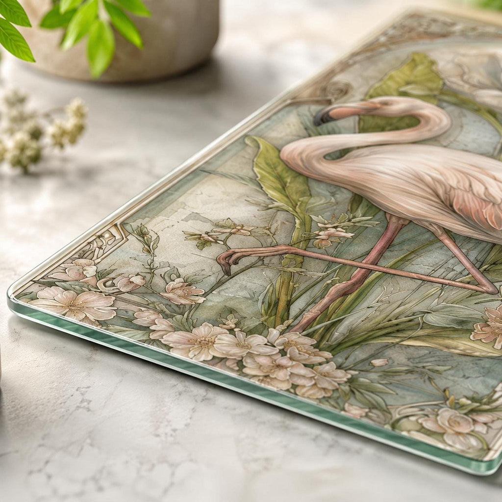 Glass Cutting Board, Tempered Pink Flamingo Botanical Design