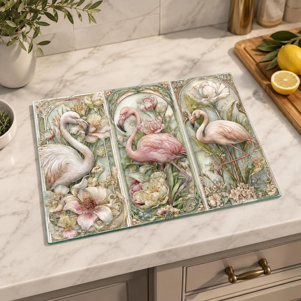 Glass Cutting Board, Tempered Pink Flamingo Botanical Design