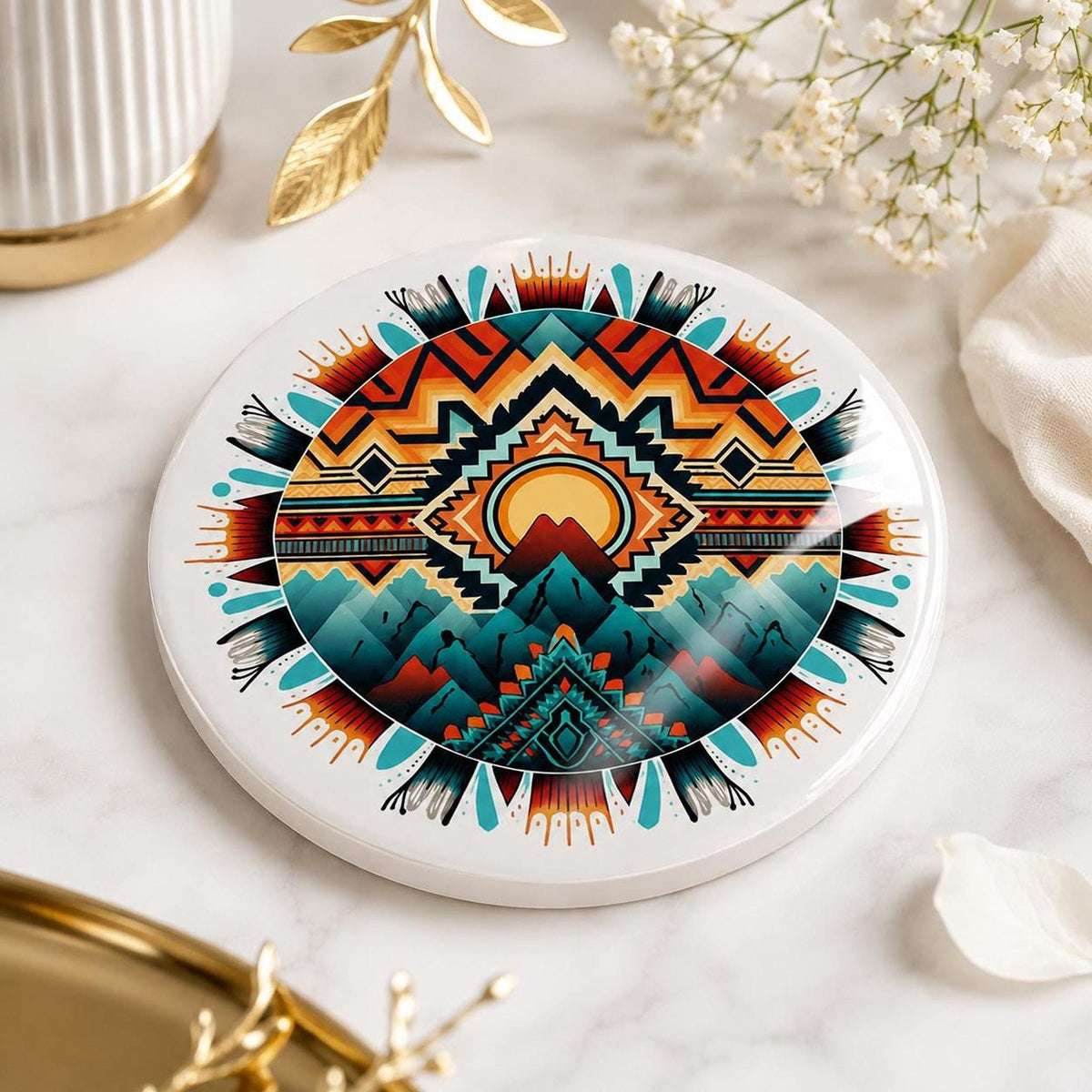 Southwestern Mountain Ceramic Coaster, Boho Desert Decor, Geometric Drink Coaster, Nature Lover Gift