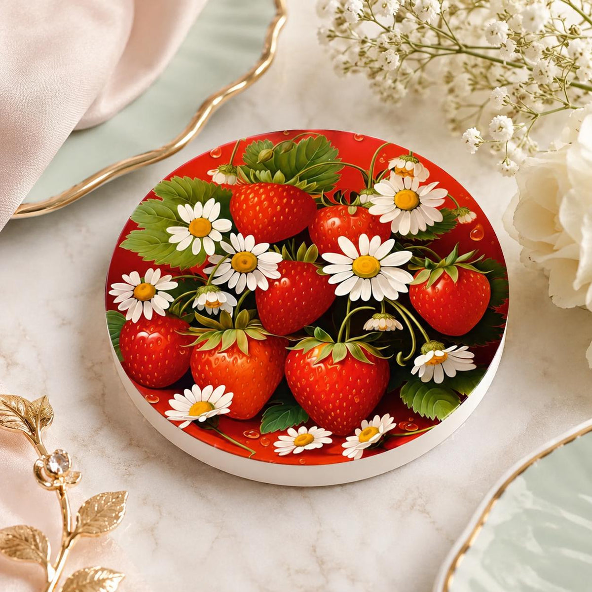 Strawberry Daisy Ceramic Coaster, Round Fruit Drink Mat, Cottage Kitchen Decor