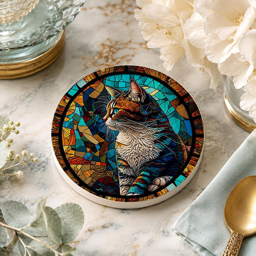 Cat Mosaic Look Ceramic Coaster, Round Pet Drink Mat, Colorful Feline Decor