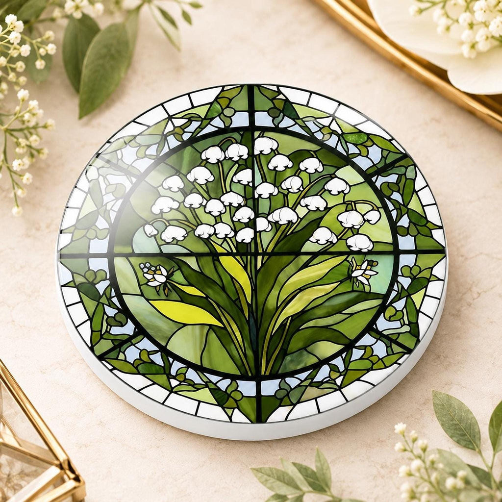 Lily of the Valley Ceramic Coaster, Stained Glass Floral Decor, Botanical Flower Lover Gift
