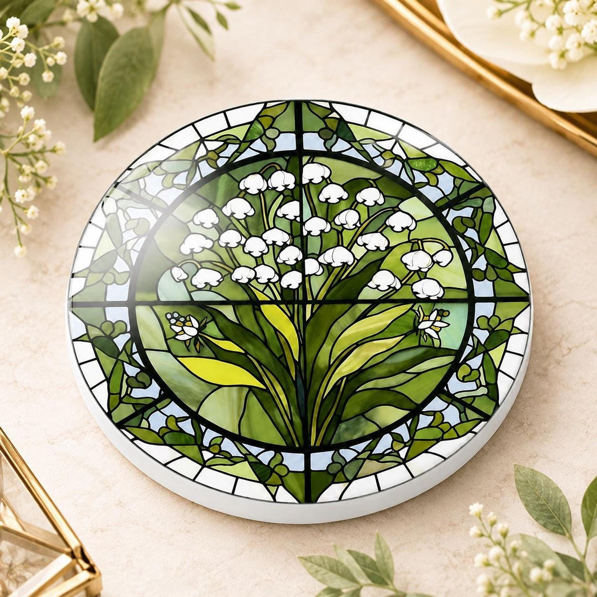 Lily of the Valley Ceramic Coaster, Stained Glass Floral Decor, Botanical Flower Lover Gift
