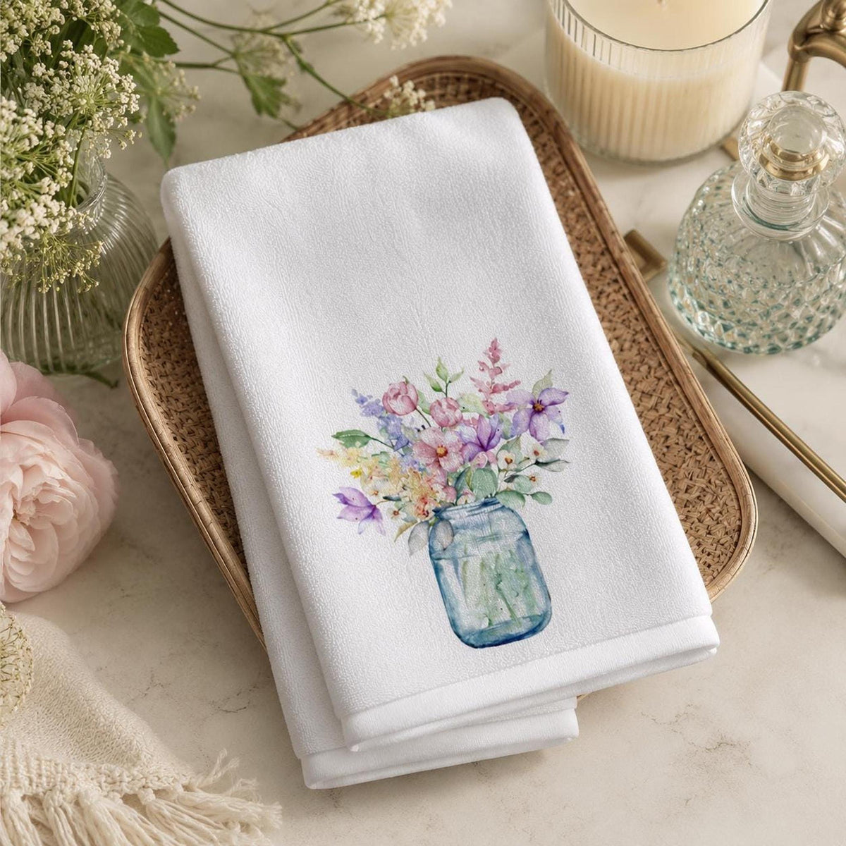 Wildflower Towel, Floral Fingertip with Mason Jar Design