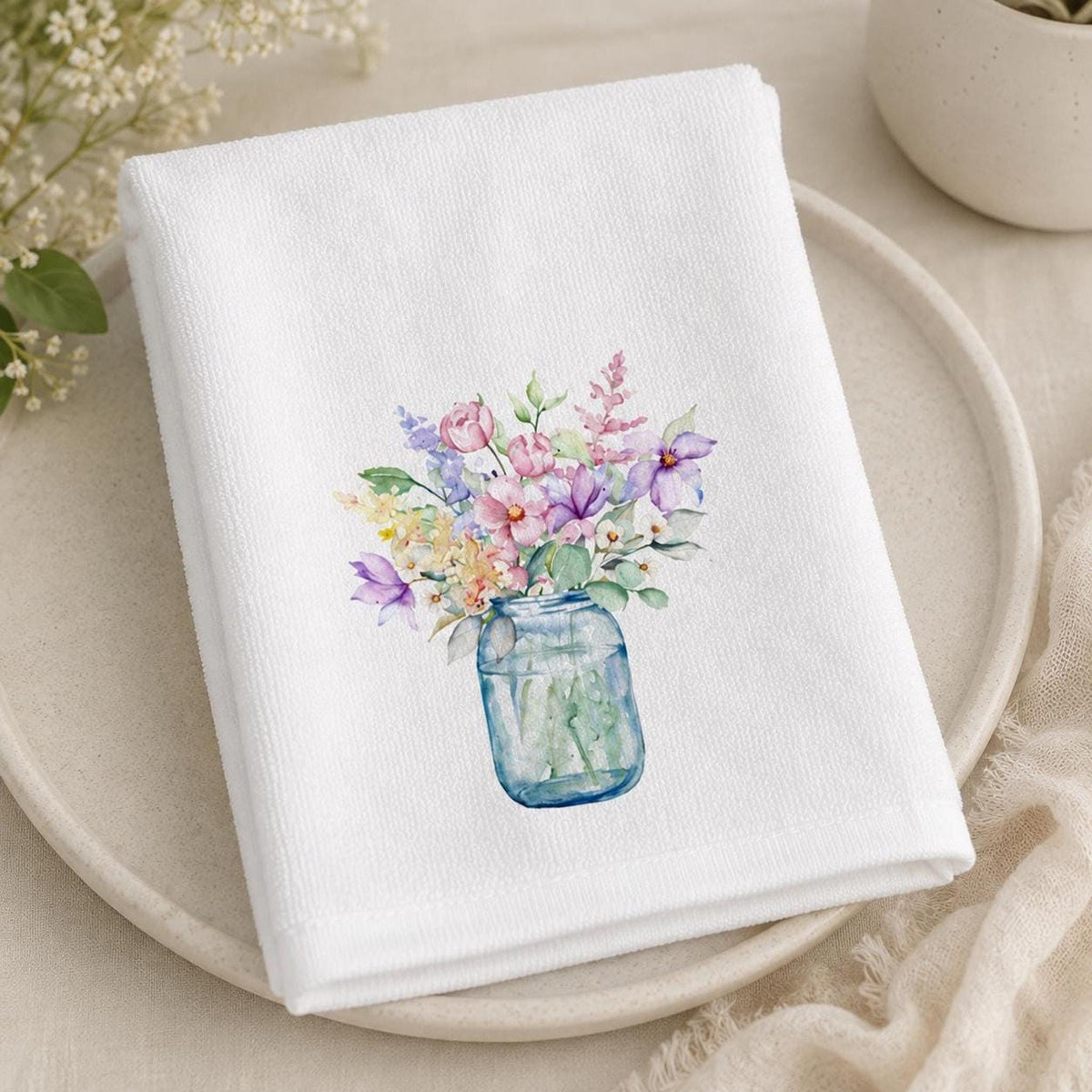 Wildflower Towel, Floral Fingertip with Mason Jar Design