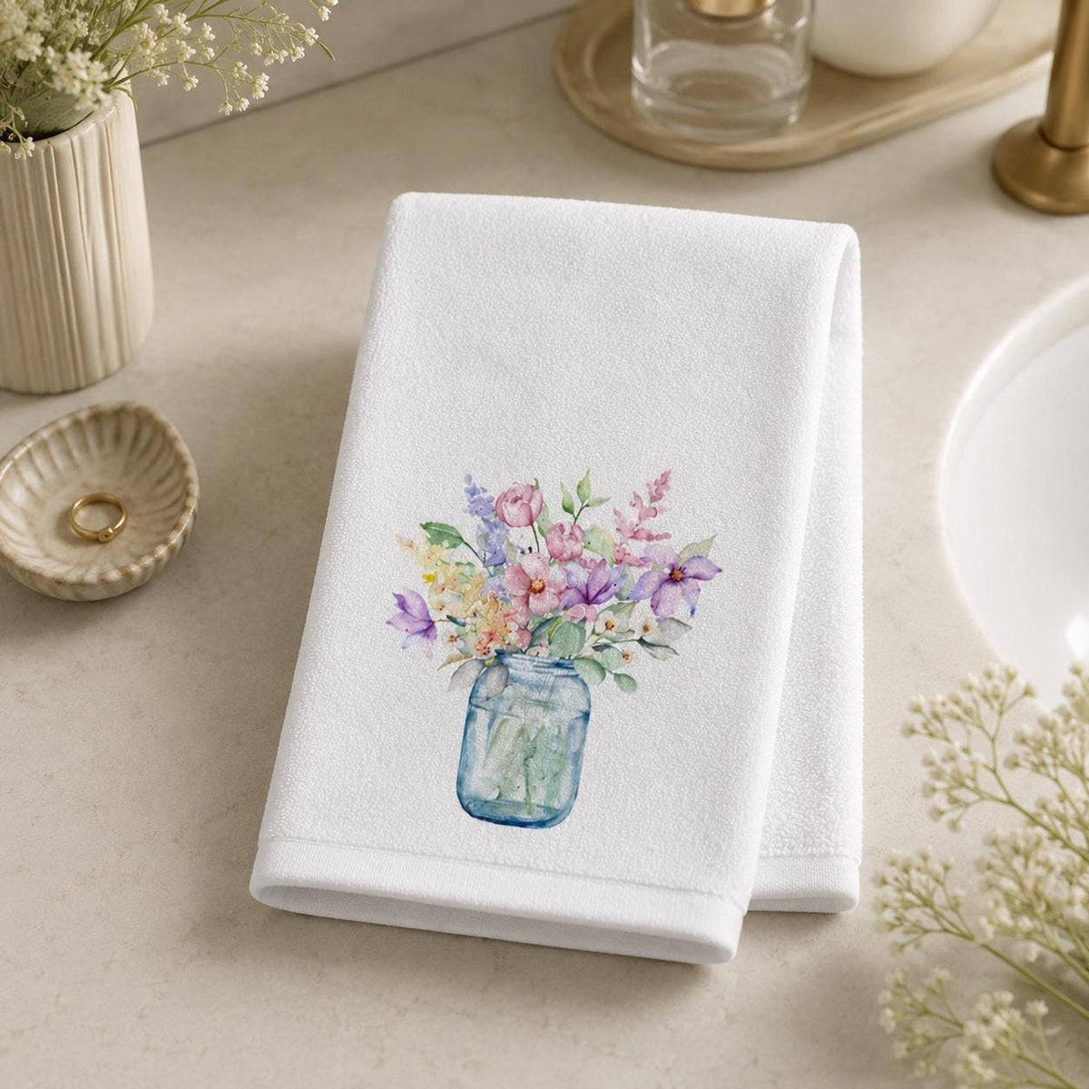 Wildflower Towel, Floral Fingertip with Mason Jar Design