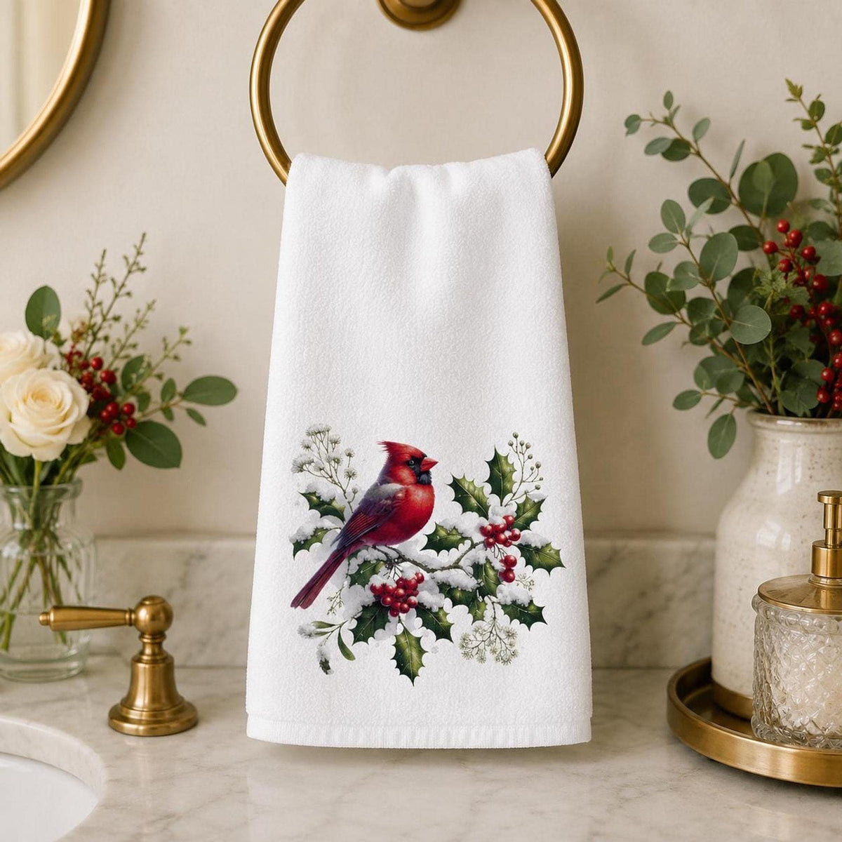 Christmas Hand Towel with Cardinal Design, 15 x 25 Soft Cotton Terry