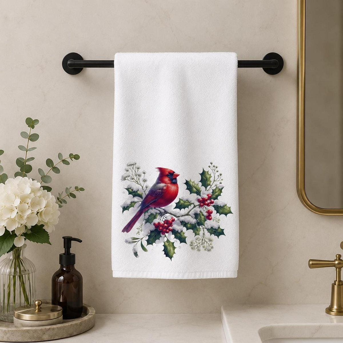 Christmas Hand Towel with Cardinal Design, 15 x 25 Soft Cotton Terry
