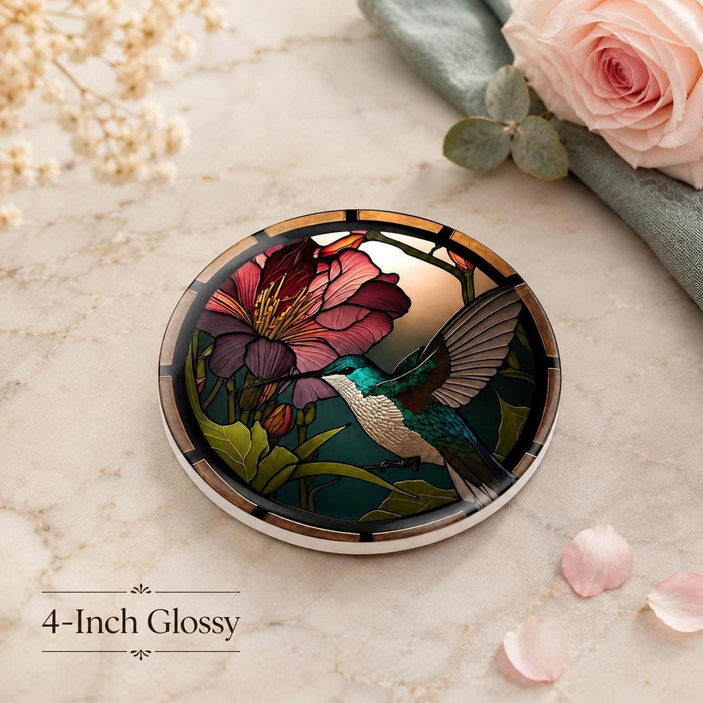 Hummingbird Coaster, Colorful Ceramic Drink Mat with Floral Design